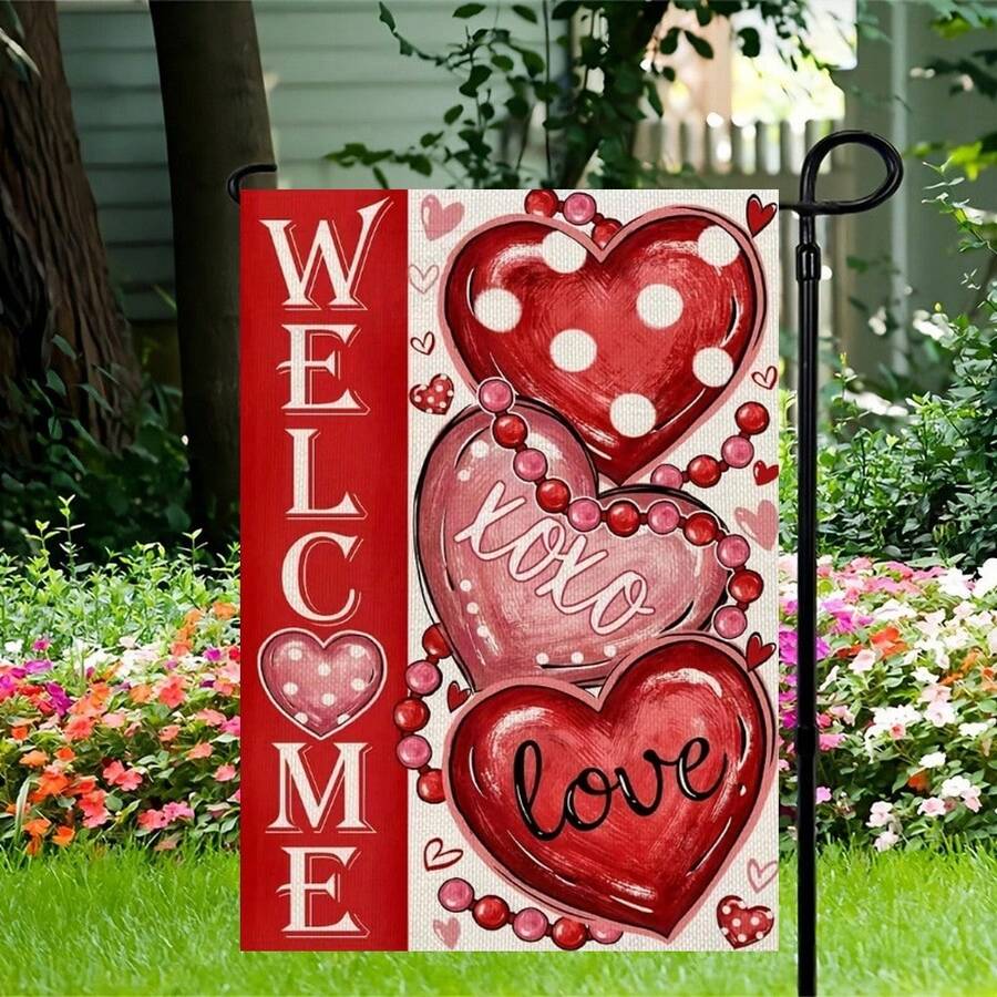 Valentines Day Hearts Garden Flag, 12x18 Inch Double Sided For Outside Small Welcome Burlap XOXO Love Red Yard Flag, No Metal Brace