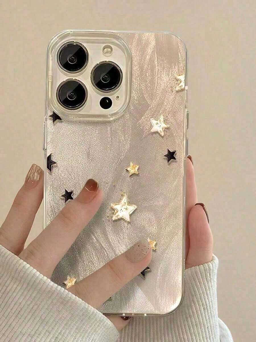 Nuevo Estilo Premium de Velo de Plumas Estrellas Doradas y Negras Dulce Adecuado para Funda Protectora de Teléfono Móvil 11 12 13 14 15 16 17 X XS Pro Max Plus compatible con Samsung - Plateado - Ver 1