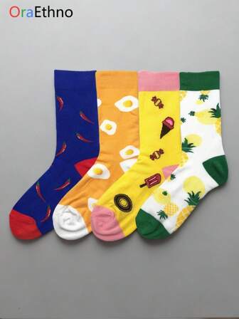 一套男女通用的中筒食物水果主题腿套，包含辣椒、鸡蛋、甜点和菠萝图案，时尚休闲，适合日常穿着，是美食爱好者和潮流人士的绝佳礼物。
