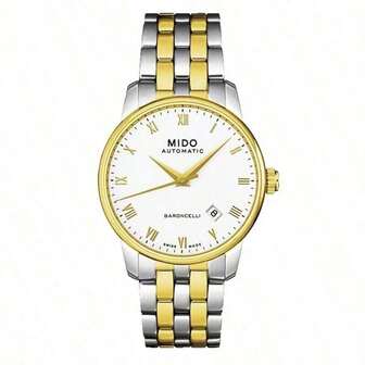  Reloj automático para hombres Mido M8600.9.26.1/M8600.9.N6.1 Baroncelli II, esfera blanca, correa de acero inoxidable bicolor