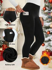 Plus Size Leggings With Pockets High Waisted Velvet Solid Color Black Leggings, Yoga Pants Gym & Winter High Waist Thermal Lined Leggings - màu đen - Xem 3