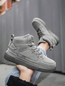 2025 New Men's Gray Suede High-Top Sneakers, Lace-Up Thick-Sole Height-Increasing Casual Shoes, Versatile Daily Commute Board Shoes, Outdoor Preppy-Style Walking Shoes - 灰色 - 查看 9