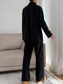 Conjunto de sudadera con cuello de embudo y pantalones casuales para mujer, de punto de canalé con estiramiento medio, conjunto de dos piezas - Negro - Ver 3