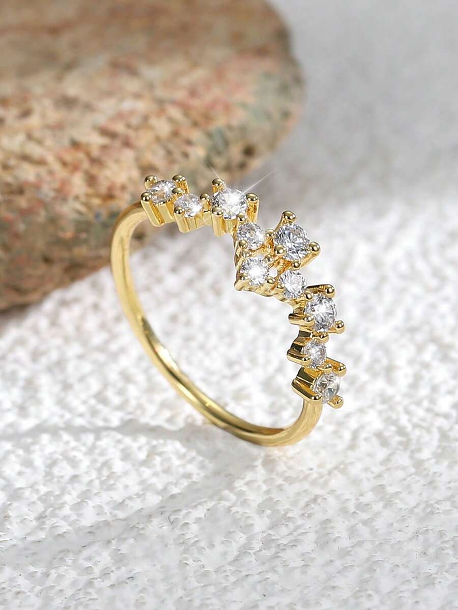 Charm-In 1 pezzo Anello da donna in ottone placcato oro 18K con pietra di zirconia geometrica, disponibile in più misure, regalo ideale per San Valentino o la Festa della Mamma - Dorato - Visualizzare 1