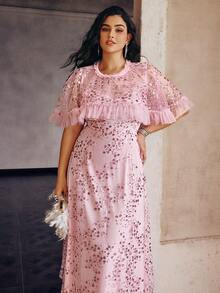 Simplee Vestido de noche con capa con cuello de lentejuelas, volantes y dobladillo para mujer talla grande, adecuado para invitada de boda, fiesta de cumpleaños, cita elegante - Rosa - Ver 7