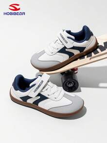 HOBIBEAR Kids Sports Shoes, Boys & Girls Hook And Loop Wide Fit Comfortable Flat Shoes, Student Campus Shoes, Minimalist Rubber Sole Non-Slip Wear-Resistant Zero Drop Shoes, Leather Upper Water-Resistant Barefoot Shoes, Suitable For Autumn - Blue and White - View 3