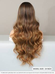 7JHH WIGS High Quality 24-Inch Long Body Wave Brown-Blonde Ombre Wigs For Women Fashion Synthetic Wavy Curly Wig With Bangs Dark Roots, Heat-Resistant Fiber Full Machine Fake Hair, Beginners Glueless Costume Wigs For Daily Party Wear, Music Festivals Cosplay Use - 金色 - 查看 3