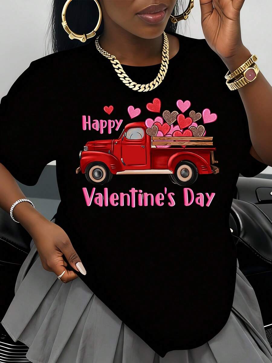 Happy Valentines Day Red Truck With Hearts Graphic White T Shirt For Women Valentine Gift Cute Romantic Valentine Season Top - 黑色 - 查看 1