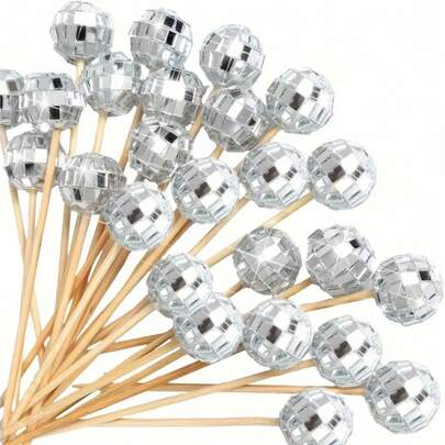 10/20/50pcs Disco Ball Cocktail Toothpicks, Disco Ball Cupcake Toppers, 4.7 Inch Silver Mirror Ball Elegant Toothpicks, Wooden Cocktail Stirrers For Weddings, 70s Disco Party, Easter, New Year, Eid, Holidays, Weddings