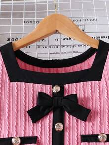 女童方领蝴蝶结装饰优雅短袖连衣裙，春夏款