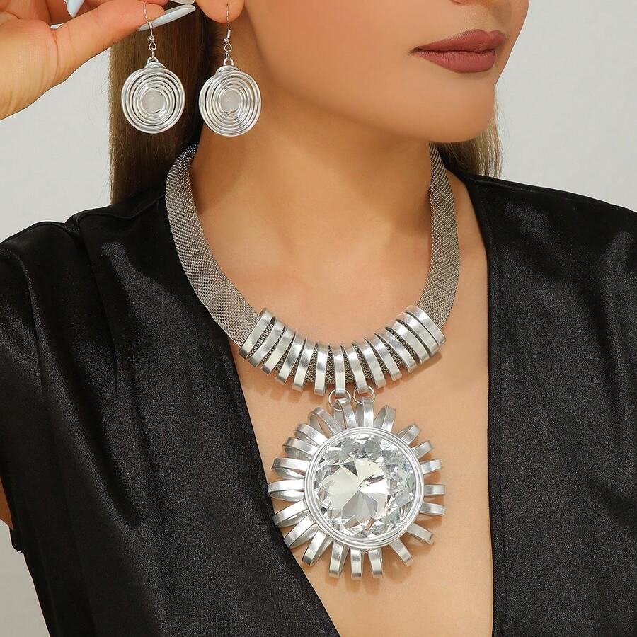 Handmade Exaggerated Multi-Layer Aluminum Wire Woven Bohemian European And American Middle Eastern European Korean Version Evening Party Holiday Women's Chain Necklace Earrings With Artificial Crystals - Silver - View 1