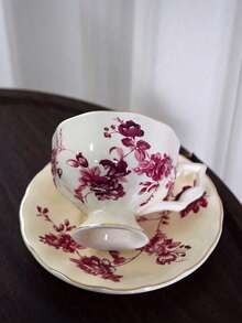 1 pièce Tasse à expresso française en céramique de 100 ml et soucoupe, tasse à café pour le thé de l'après-midi, tasse à café élégante en céramique et soucoupe, service à thé de l'après-midi vintage avec motif floral - carthame - Voir 4