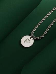 1pc Fashionable Hiphop Stainless Steel Round Disc 26 Letters A-Z Pendant With Stainless Steel Twisted Chain Necklace, Suitable For Men's Daily Wear - Steel-colored Round Letter Necklace - View 34