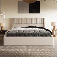 Storage Bed, Upholstered Bed, 160x200cm Hydraulic Double Bed, Wooden Slatted Base, Bed With Metal Slatted Base, Linen, Beige - Beige - View 5