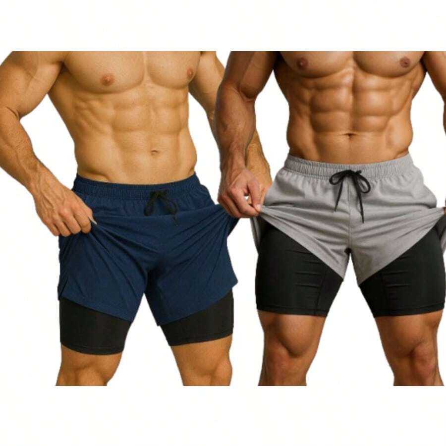 Kit Of 2 Men's 2-In-1 UV Sports Shorts, DryFit, For Gym, Training, Running, Cycling - KIT 2 BLUE aND GRAY - View 1