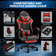 Gaming Chair with Footrest - Ergonomic High-Back Design, Adjustable Lumbar Support & Telescopic Footrest, 360° Swivel, Manual Tilt Control, Metal Frame & Foam Padding, Sturdy Wooden Base, Comfortable Sponge Cushion for Office & Home Use - Durable Structure, Professional Grade, Gaming Chair, Office Relaxation, Modern Aesthetic, Durable Construction, Gaming Chair For Home, Gaming Chair Cheap, Chair For Desk, Office Chair, Chaise Gaming, Chair Office, Ergonomic Chair - Rojo - Ver 10