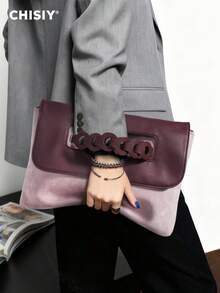 CHISIY Original New Brown Large Capacity Woven Contrast Color Patchwork Clutch Bag, Casual Retro Shoulder Bag, Suede & PU Leather, Versatile For Commuting, School, Shopping And More Occasions - Baby Pink - View 1