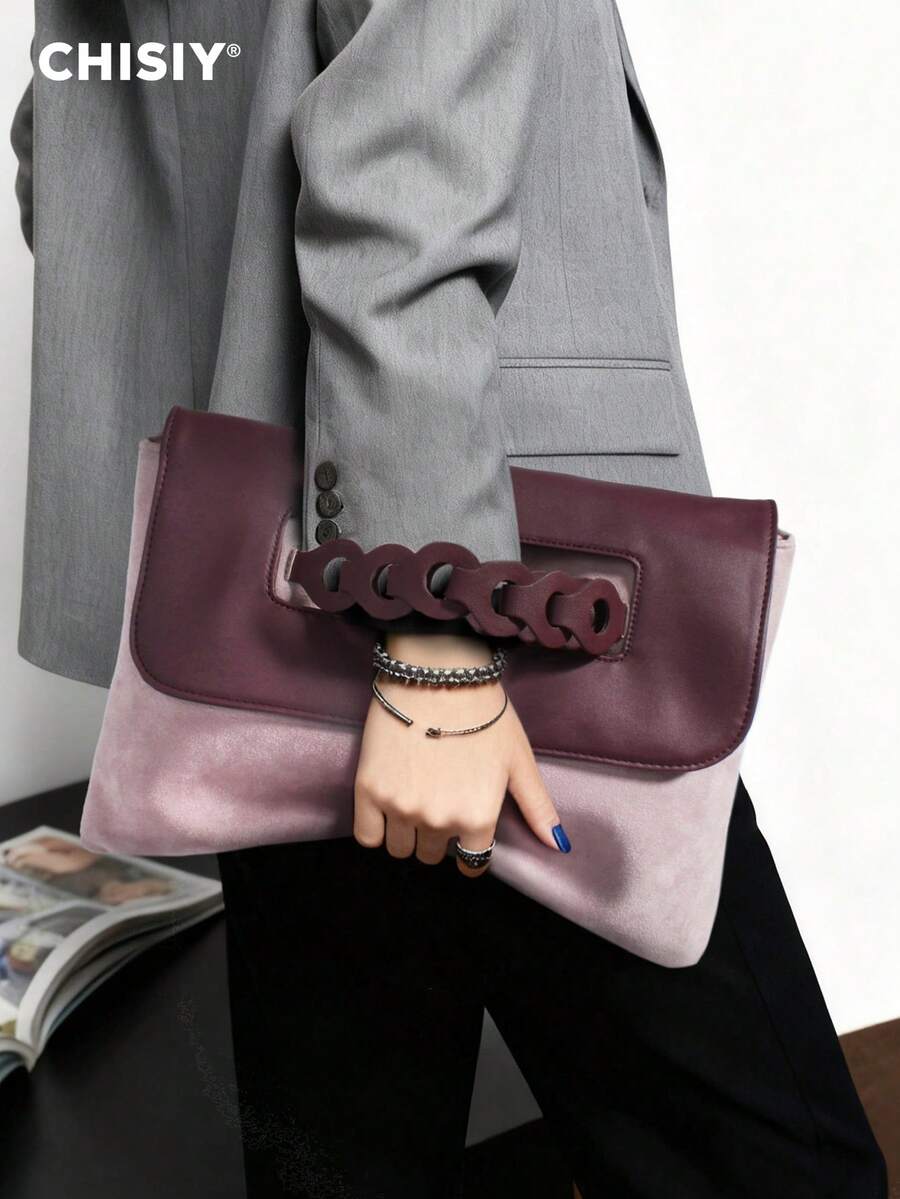CHISIY Original New Brown Large Capacity Woven Contrast Color Patchwork Clutch Bag, Casual Retro Shoulder Bag, Suede & PU Leather, Versatile For Commuting, School, Shopping And More Occasions - Baby Pink - View 1