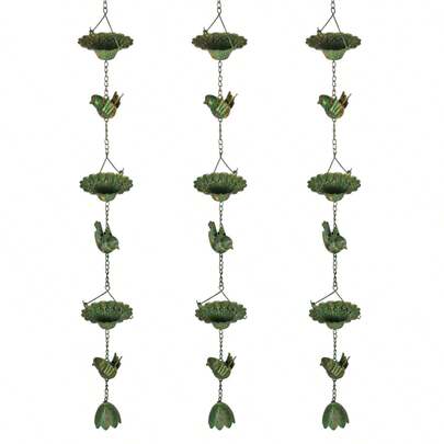 Outsunny 3-Piece Rain Chain Set, 123cm Metal Rain Drain Chain With Attached Hook, Green Bird Bell