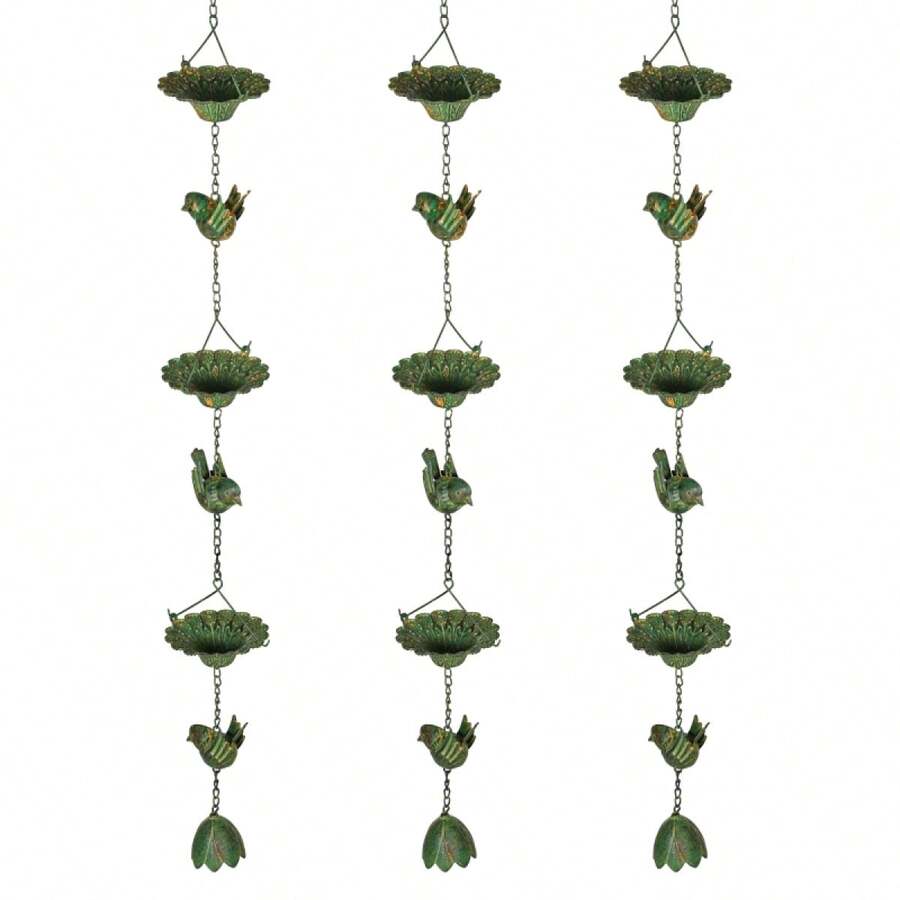 Outsunny 3-Piece Rain Chain Set, 123cm Metal Rain Drain Chain With Attached Hook, Green Bird Bell - 1 - View 1