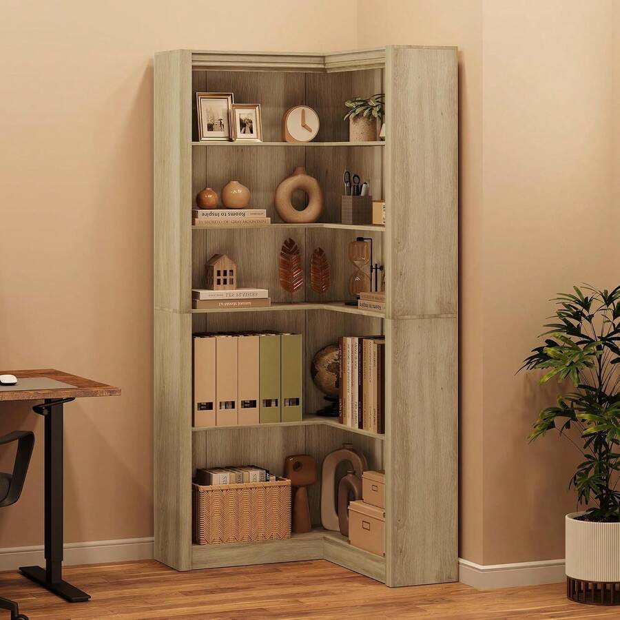 Estante de esquina, 71.8 '' Niveles Estantes de esquina con deflectores Estante de almacenamiento de 5 niveles para la sala de estar Oficina en el hogar - Marrón - Ver 1