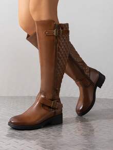 Women's Wide Calf Knee High Boots, Low Stacked Heel Riding Boots For Fall And Winter Tan - TAN - View 3