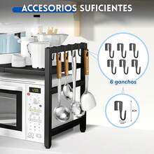 Estante para Microondas Organizador de Cocina, Estante Extensible de 3 Niveles con Ganchos para Utensilios, Tabaquera y Portatablas,Soporte para microondas para Cocina Negro - H - Ver 2
