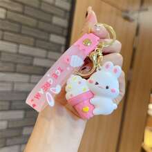 1pc Cute Ice Cream Bunny Car Pendant Keychain, Backpack Charm, Cartoon Prince Keyring - A - View 5