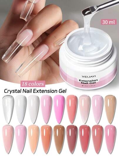  XEIJAYI 18-färgad 30ml kristall nagelförlängningsgel, klar buildergel för naturliga nageltippar, soak-off UV/LED-gel med högblank finish, professionell salong- och gör-det-själv-manikyrutrustning, långvarig nagelkonst