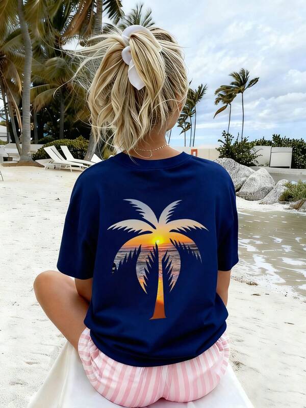 1 件女童超大棕榈树印花套头衫海军蓝短袖 T 恤，学生青年服装，非常适合夏季海滩玩耍