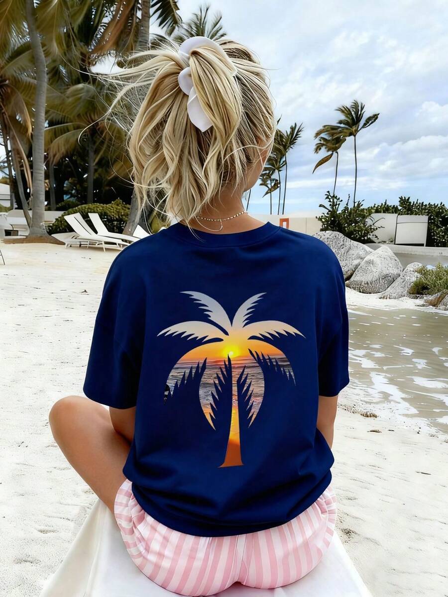 1pc Girls Oversized Palm Tree Print Pullover Navy Blue Short Sleeve T-Shirt, Student Youth Clothing Perfect For Beach Playtime In Summer - Navy Blue - View 1