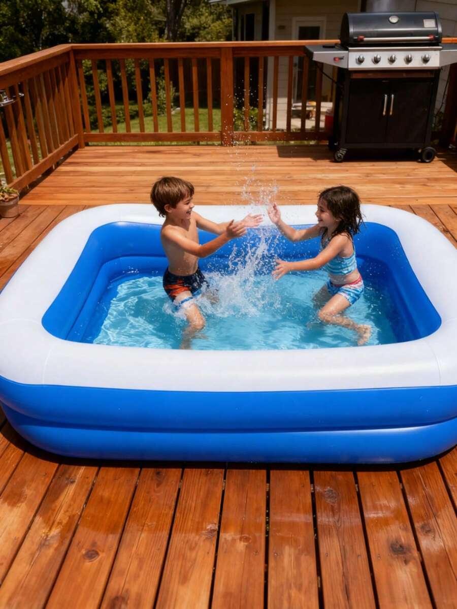 Piscină gonflabilă pentru copii și adulți, potrivită pentru copii mici, în aer liber, grădină, curte, petrecere acvatică de vară, piscină familială dreptunghiulară, albastră (3 opțiuni de dimensiune) - Piscină cu fund cu bule - Vizualizare 1