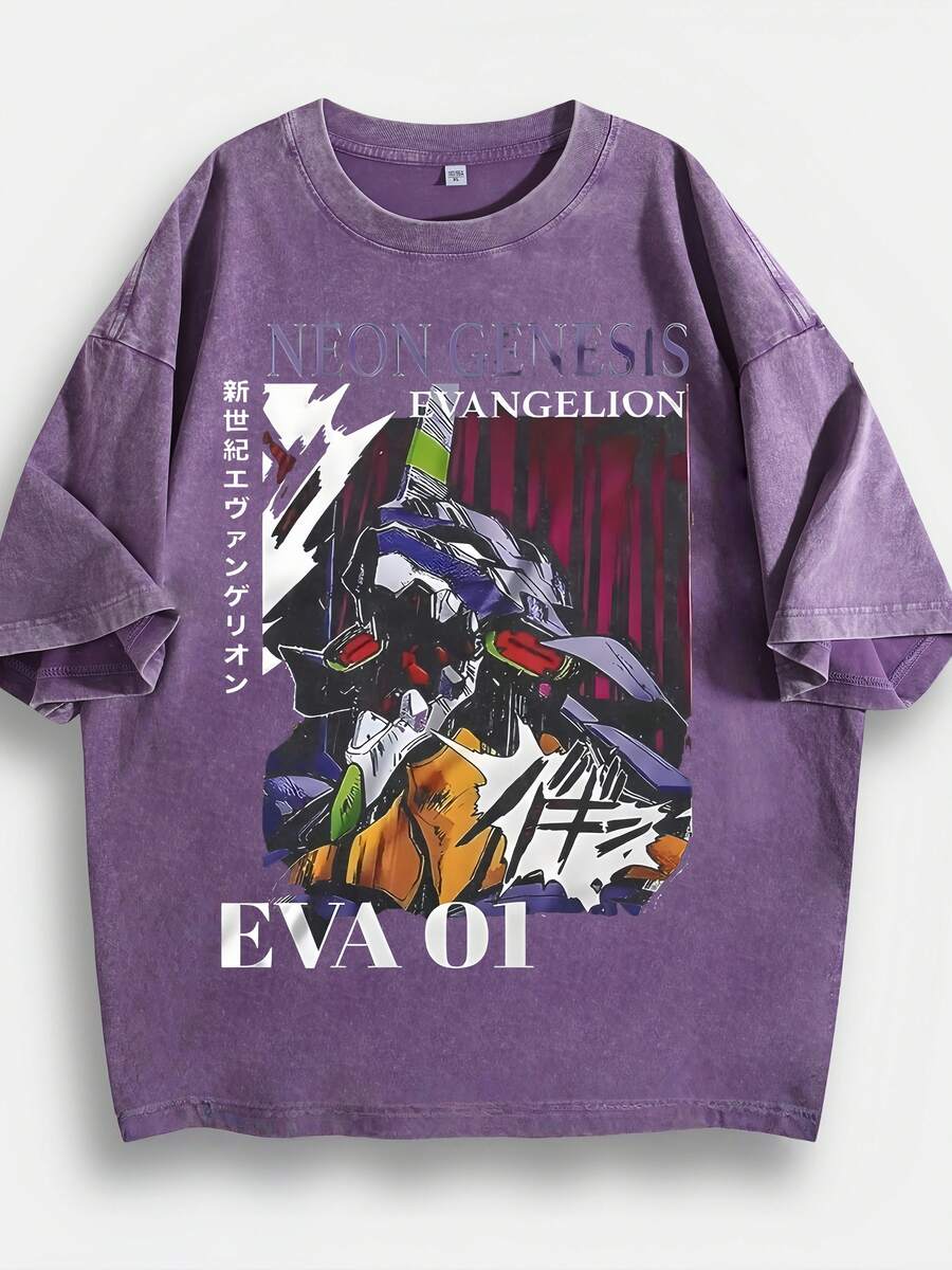 Washed T-Shirt Unisex | Retro Mecha Graphic | Anime Print Short Sleeve - 紫色 - 查看 1