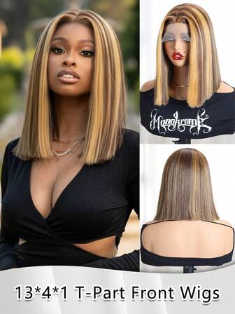 13X4X1 T-Part Lace Wigs With Bob With No Bangs Fashion European And American Dyed Bobo Wig Female Short Straight Hair Black Gradient Wine Red Synthetic Fiber Hair Gifts For Women Christmas Decorations Christmas Gifts