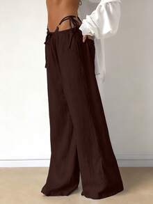 Women's Casual Comfortable Versatile Linen Loose Flowy Wide Leg Pants Spring - Brown - View 5