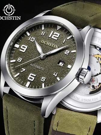 ROMITIME 1枚男士防水夜光飞行员腕表，双日历表盘，耐磨不锈钢表壳，舒适真皮表带，时尚商务奢华运动经典简约休闲自动上链机械表，适合万圣节、圣诞节、父亲节、情人节、学生、节日、约会、商务、日常佩戴、送礼等场合。