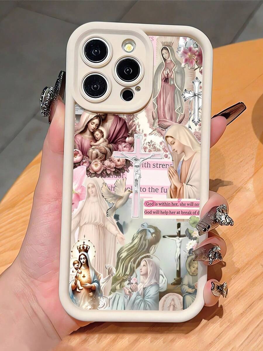 1pc Fashionable Personalized Cross & Virgin Mary Graphic Aesthetic Pattern Full Coverage Fingerprint-Resistant Soft Phone Case Compatible With IPhone 16 Pro Max/16/16 Pro/16 Plus/15/15 Pro Max/15 Pro/11/12/13/14 Pro Max/11 Pro/11 Pro Max/12 Pro/12 Pro Max/13 Pro/13 Pro Max/14 Pro/14 Pro Max - Multicolor - View 1
