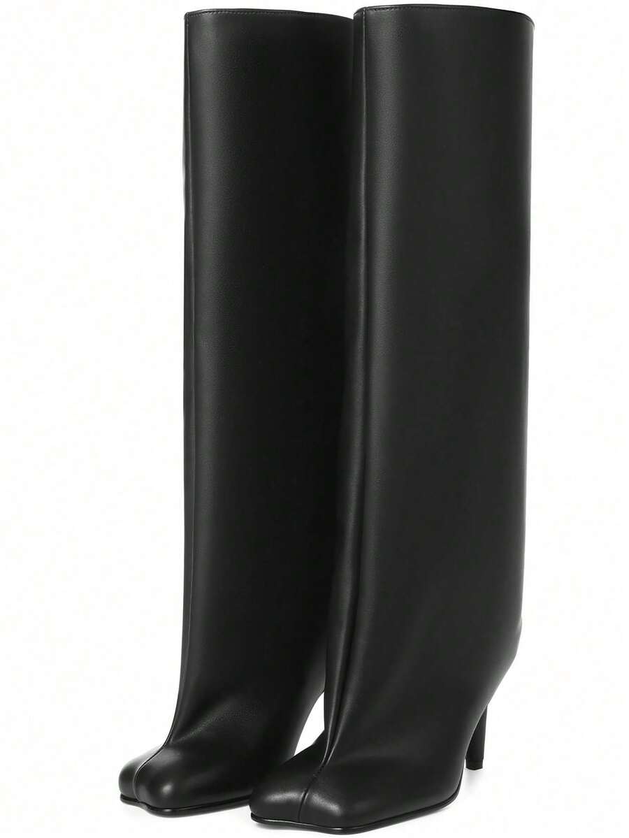 Luxury Fashion Women's Knee High Long Boots Wide Calf Stiletto Kitten Heel Square Toe Tall Boots Winter Fall Boots For Women - 黑色pu - 查看 1