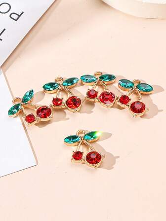 5个优雅水钻合金樱桃吊坠，可用于DIY项链和手链装饰