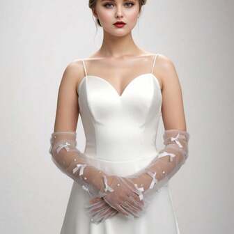 1pc Solid Color Tulle Bridal Gloves With Cute Bow, Fresh And Romantic Wedding Dress Accessory Valentine's Day Accessories