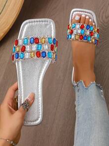 Ximi Ruo Nuevas sandalias de moda casual de primavera/verano con una correa, cómodas sandalias planas de punta redonda para la playa, versátiles sandalias slip-on para mujer - Plateado - Ver 3