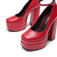 Women's Y2K High Chunky Platform Pumps Square Toe Heels Closed Toe Block Ankle Strap Solid Color Elegant Party Festival Shoes For Fall And Winter - 紅色 - 查看 6