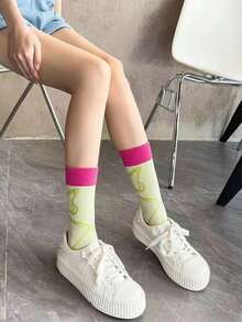 Calcetines de media pantorrilla con bloques de color dulce y fresco, calcetines retro de colores llamativos con diseño de rayas de lazo - Multicolor - Ver 3