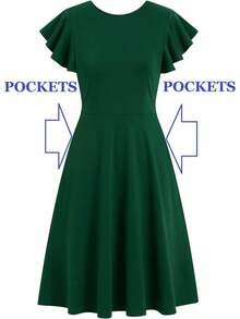Women's Semi-Formal Ruffle Sleeve V-Back Work Fit And Flare Cocktail Knee Length Dress With Pockets, 2025 Style - 白色花卉 - 查看 11