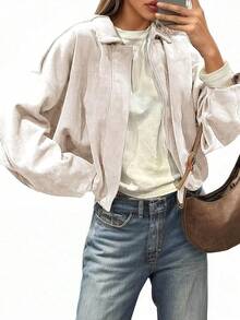 Womens Faux Suede Bomber Jackets Oversized Cropped Zip Up Lapel Coats Fall 2025 Casual Outerwears - Be - Xem 1