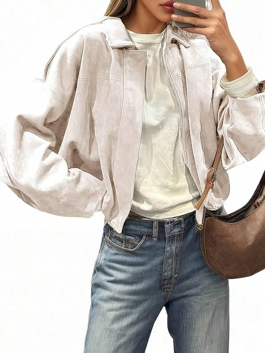 Womens Faux Suede Bomber Jackets Oversized Cropped Zip Up Lapel Coats Fall 2025 Casual Outerwears - Be - Xem 1