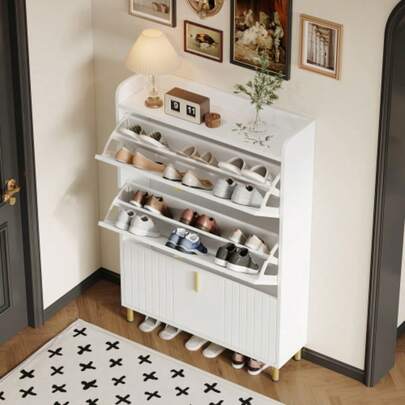 Schuhschrank Mit 3 Klappen, Schuhregal Schuhkipper Schmal, Mit 6 Fächern, Schuhschrank Weiss, Verstellbar, Anti-Kipp-Vorrichtung Für Eingangsbereich, 80*23.5*123.5cm