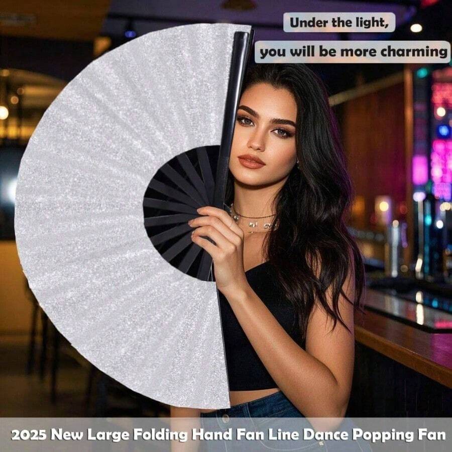 13-Inch Large Folding Fan, Shining - Hand Fan Pops Out Fan Strings, Dance To Strike Fan Boots, Dance On The Ground, Party, Outdoors, Decoration Shining - 銀色 - 查看 1