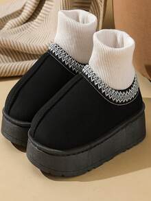 男女通用纯色厚底套脚高跟鞋，简约时尚秋冬中性色情侣室内/室外抓绒雪地靴（建议买大一码） - 黑色 - 查看 10
