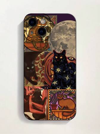 1ชิ้น เคสโทรศัพท์ป้องกันทั้งตัวลายแมวดวงจันทร์สีดำมีสไตล์และไม่เหมือนใคร เข้ากันได้กับ iPhone 13, 11, 14 Pro Max, 13 Pro, 15/15 Plus/15 Pro/15 Pro Max/12/12 Pro/12 Pro Max/14/14 Pro/13 Pro Max และรุ่นอื่นๆ